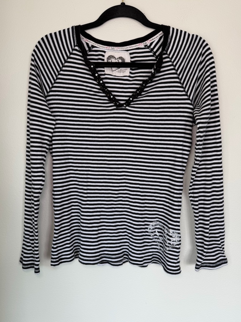 Y2K L.E.I. Striped Sequin Long Sleeve Henley Top Embellished Emo Preppy